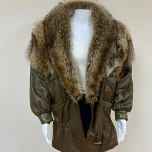 Marvin Richards Genuine Leather Snake Print Fox Fur Collar Coat Jacket Sz S
